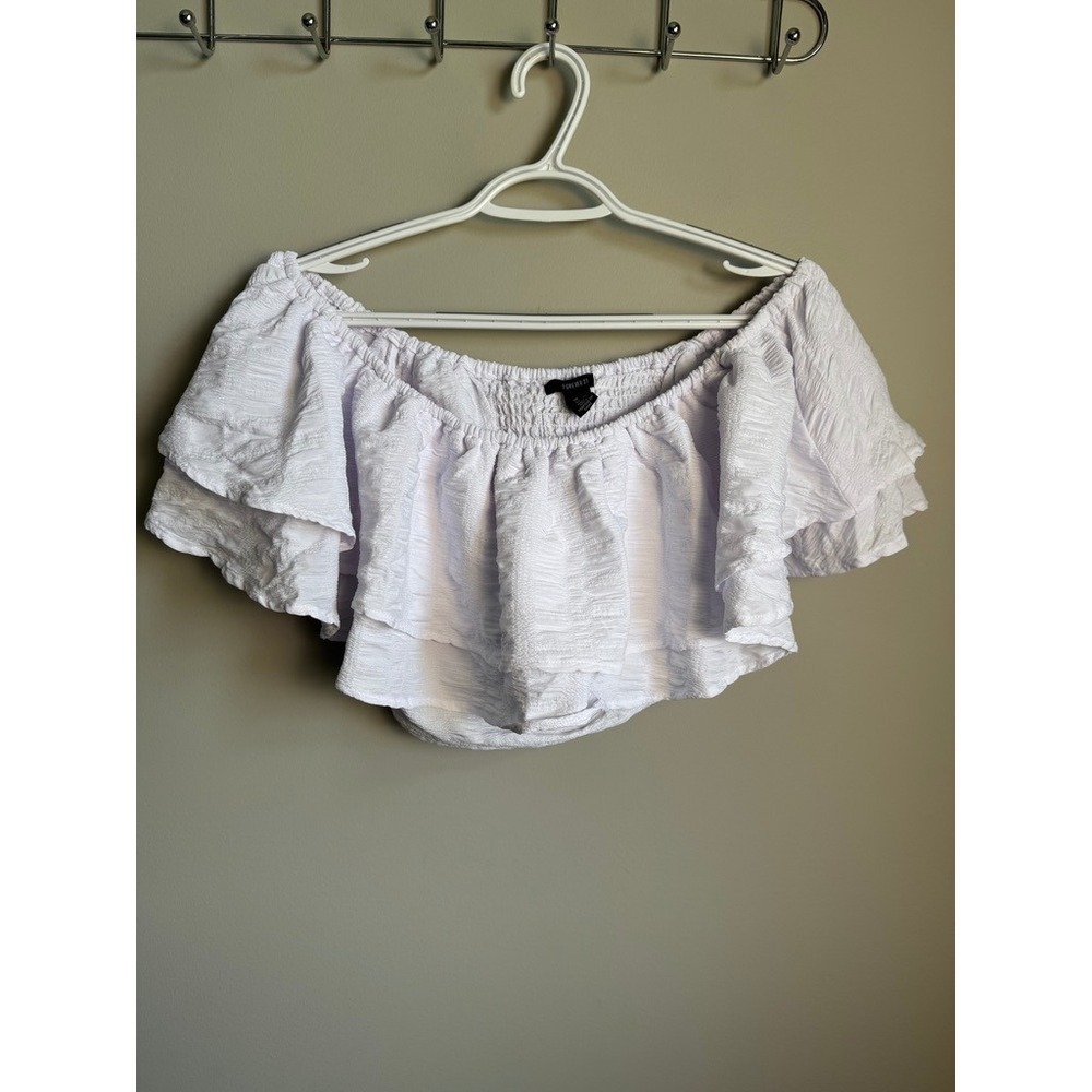 Forever 21 White Bardot Neckline Ruffle Micro Crop Top M Boho Festival Summer